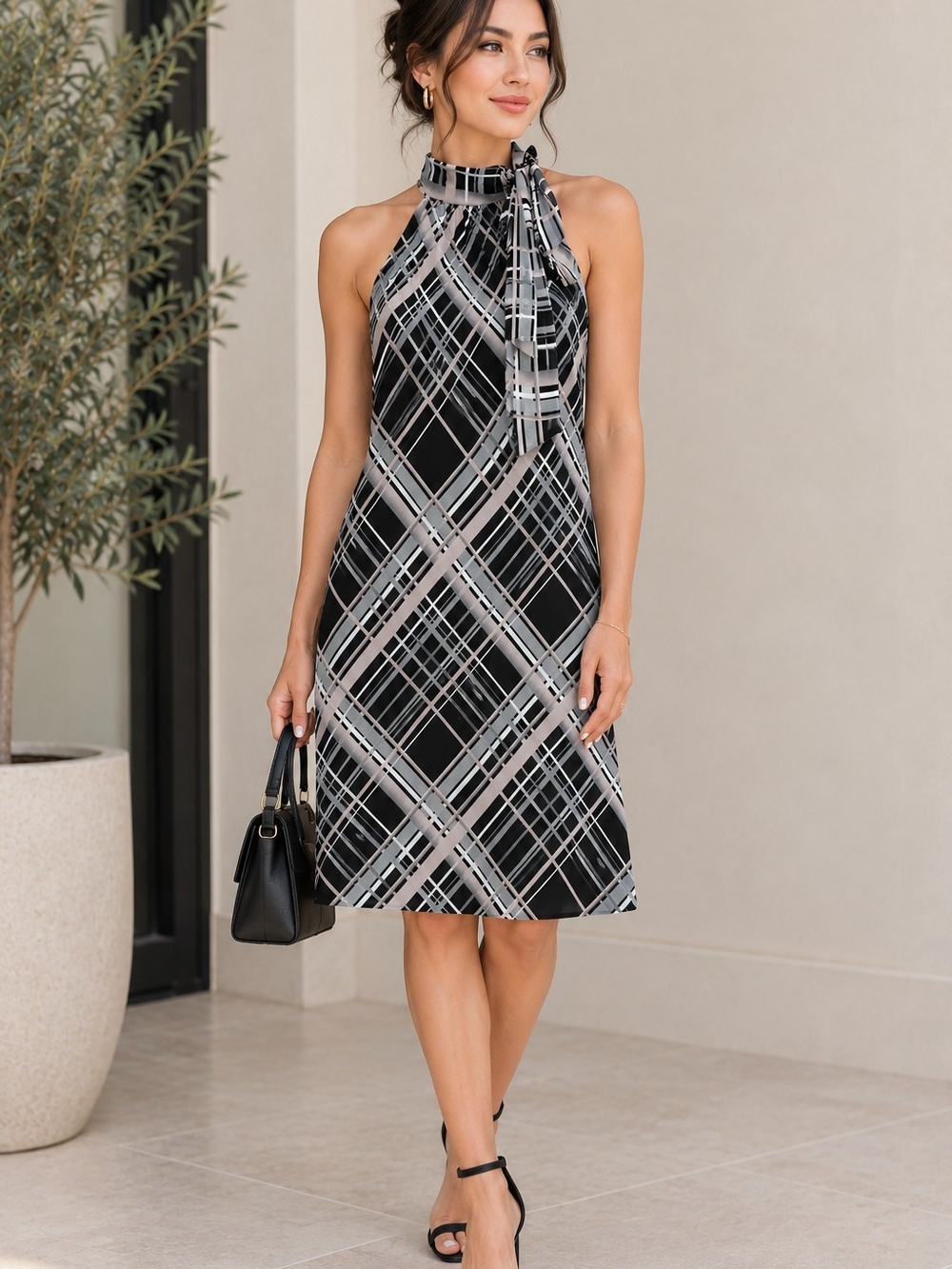 le chateau Black and Gray Plaid Halter Midi Dress